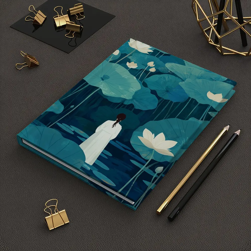 Woman Standing Among Blue Lotus Flowers – Notebooks