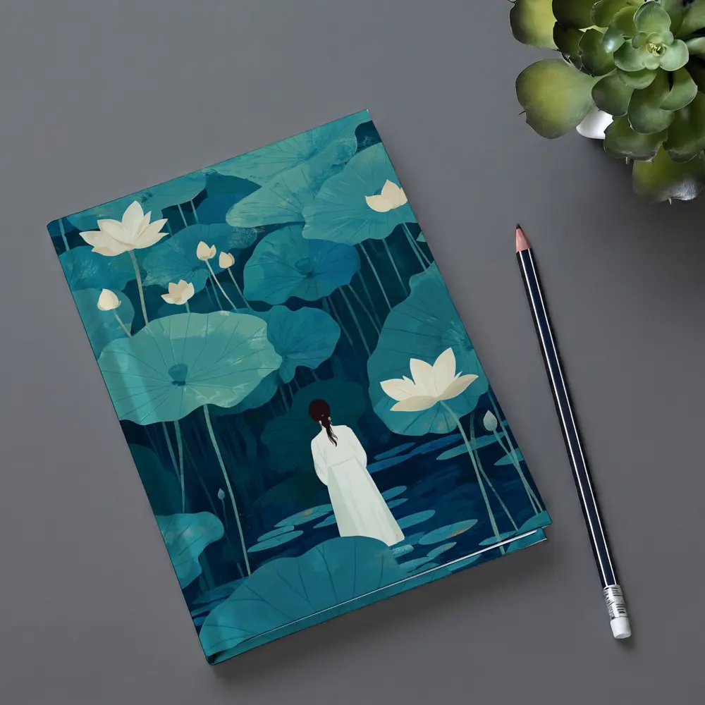 Woman Standing Among Blue Lotus Flowers – Notebooks