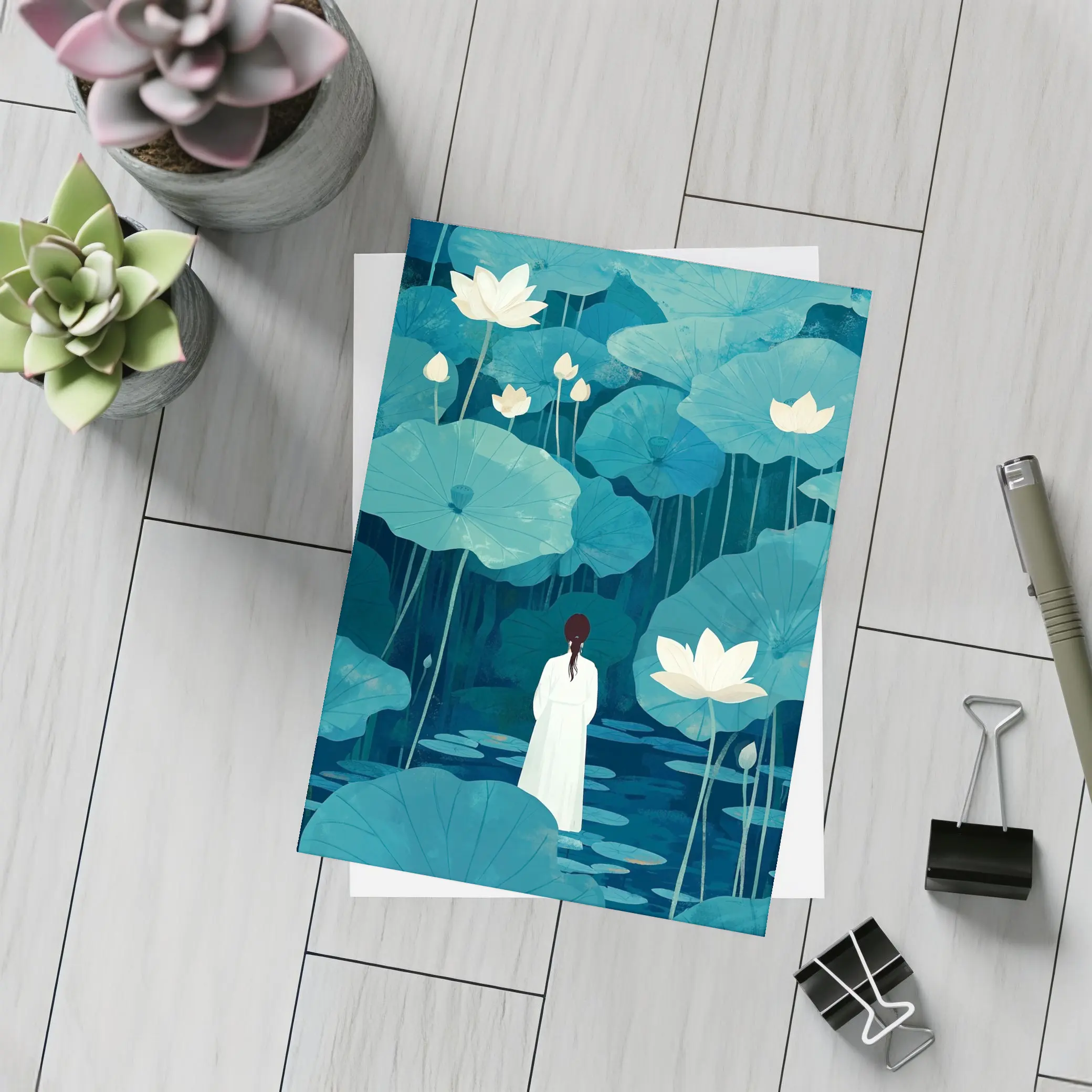 Woman Standing Among Blue Lotus Flowers – Postcards
