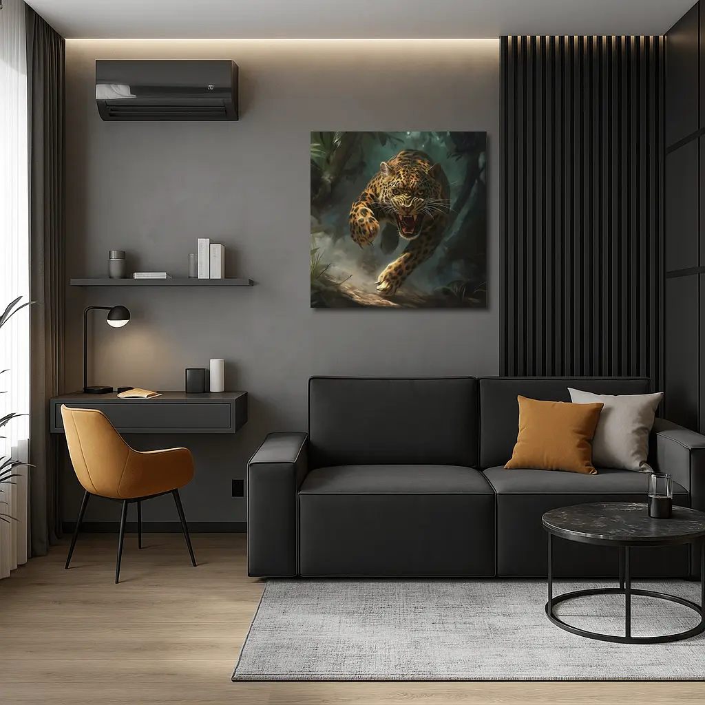 Roaring Jaguar Leaping Through Dark Jungle – Wall Art