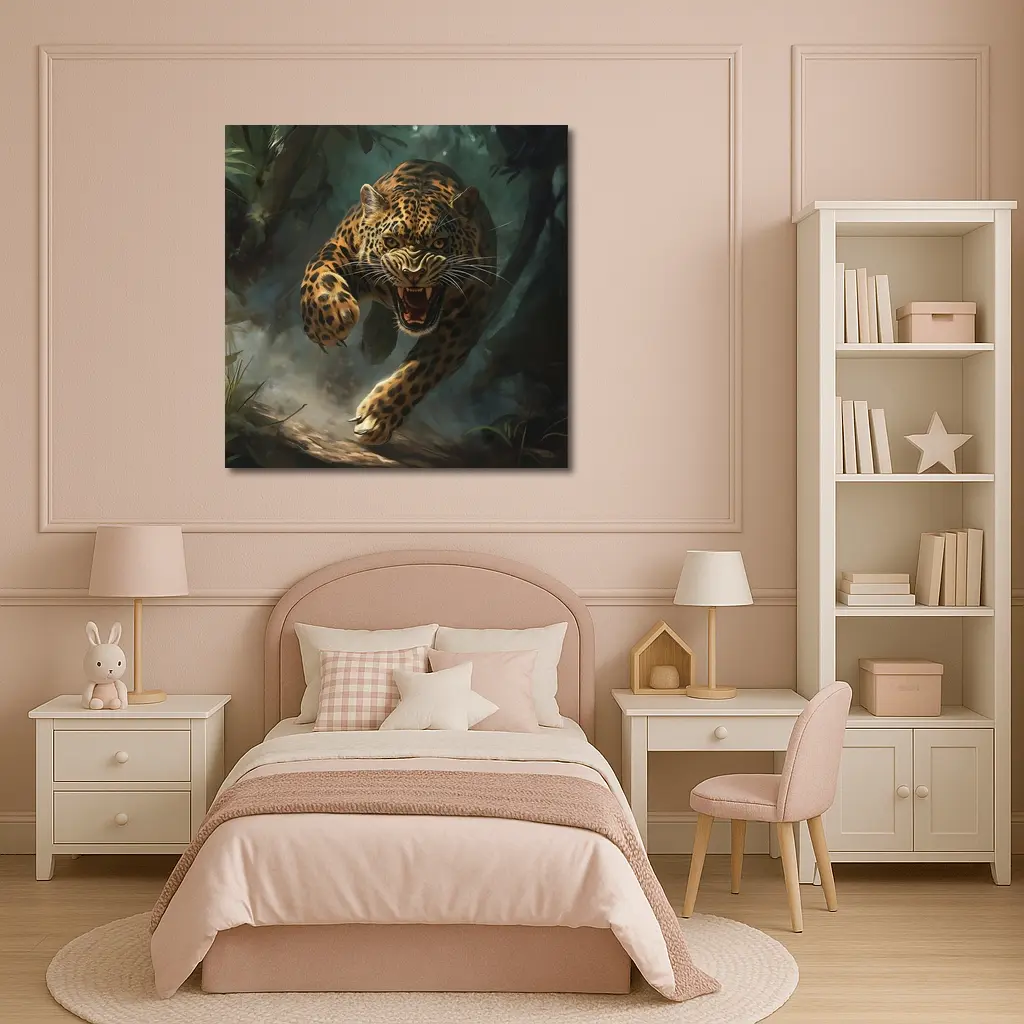 Roaring Jaguar Leaping Through Dark Jungle – Wall Art