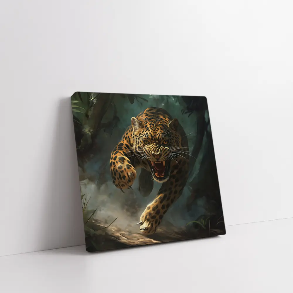 Roaring Jaguar Leaping Through Dark Jungle – Wall Art