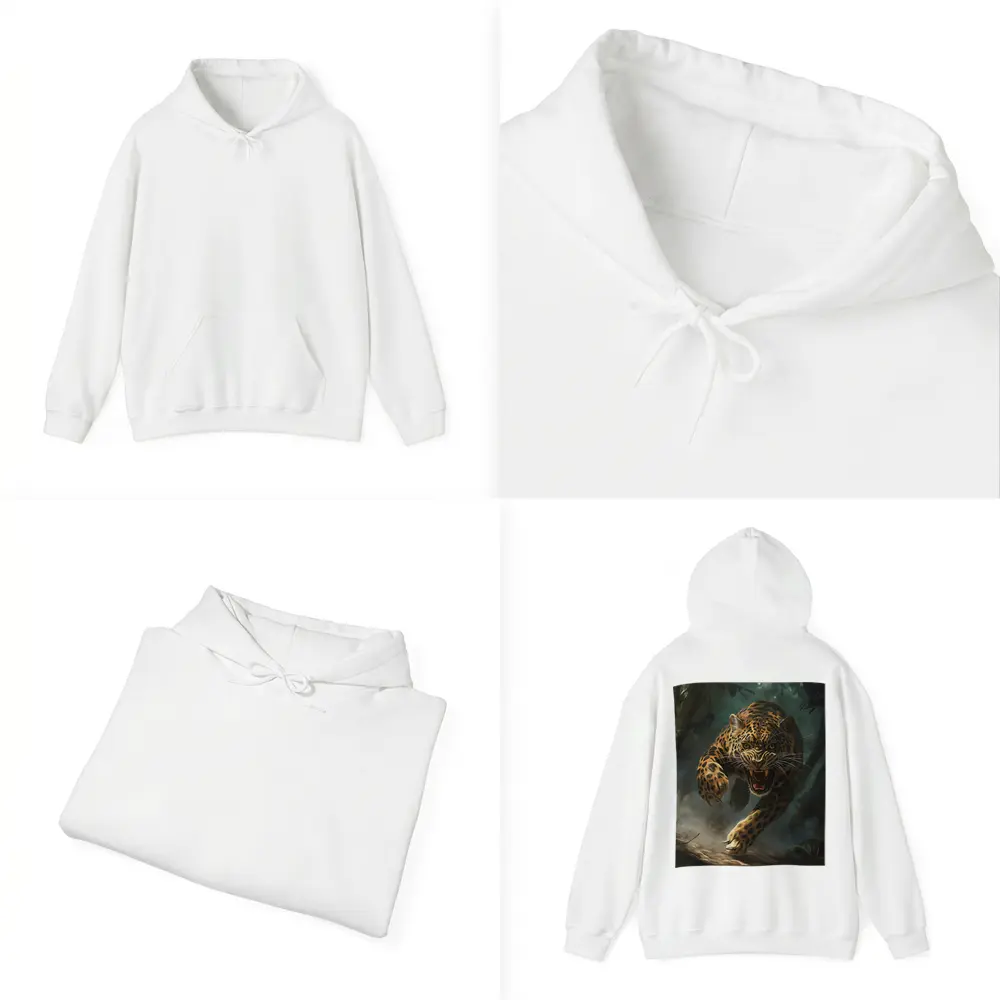 Roaring Jaguar Leaping Through Dark Jungle – Hoodies
