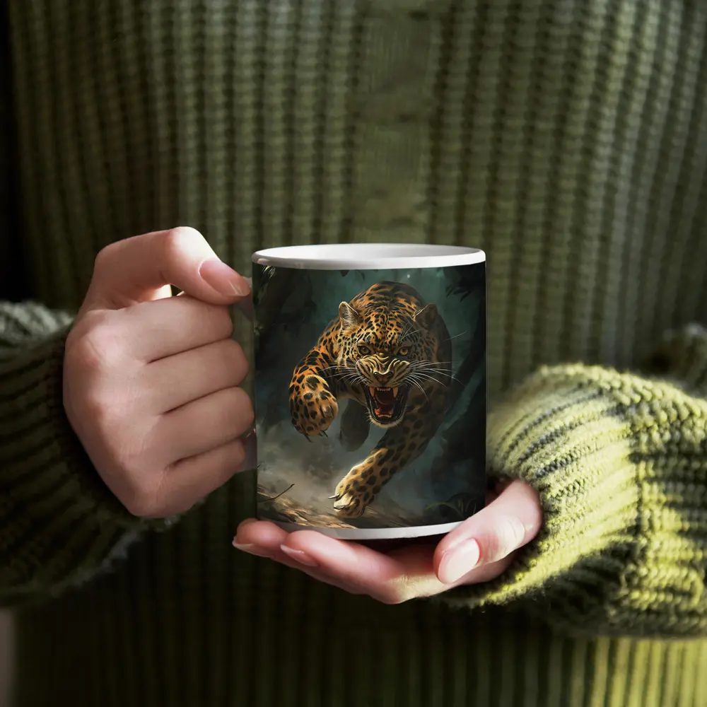 Roaring Jaguar Leaping Through Dark Jungle – Mugs