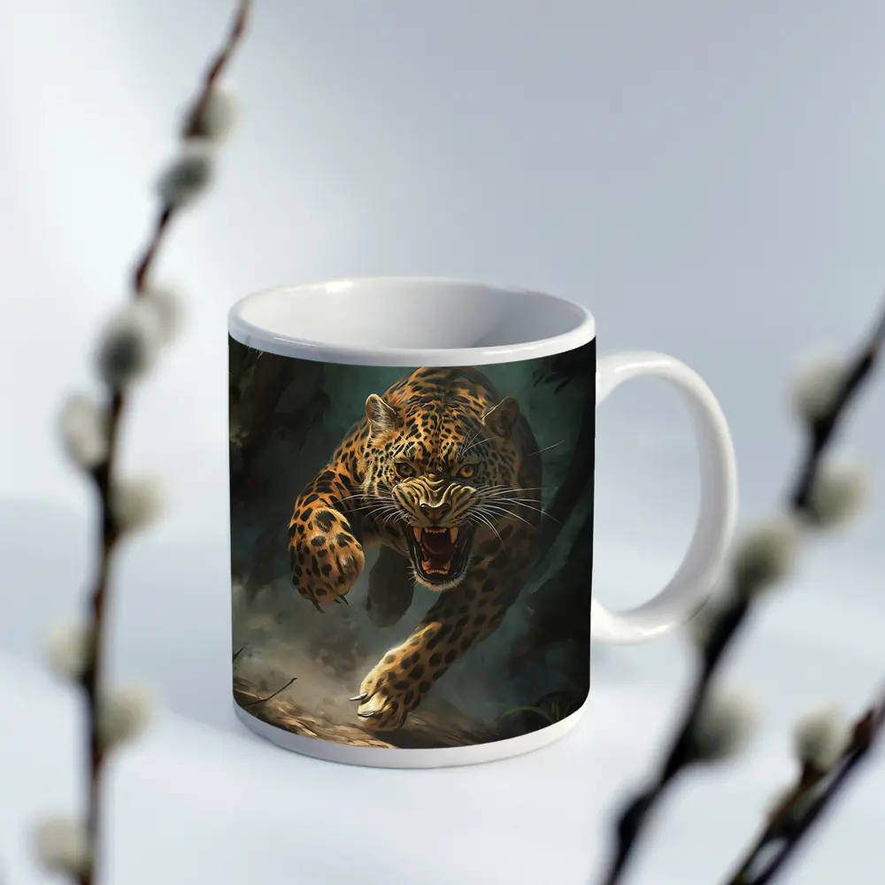 Roaring Jaguar Leaping Through Dark Jungle – Mugs