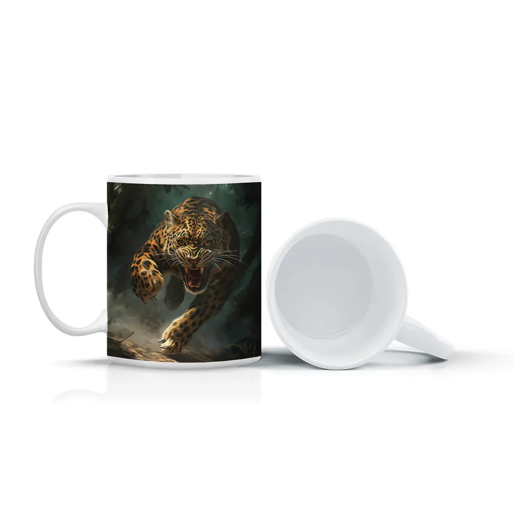 Roaring Jaguar Leaping Through Dark Jungle – Mugs