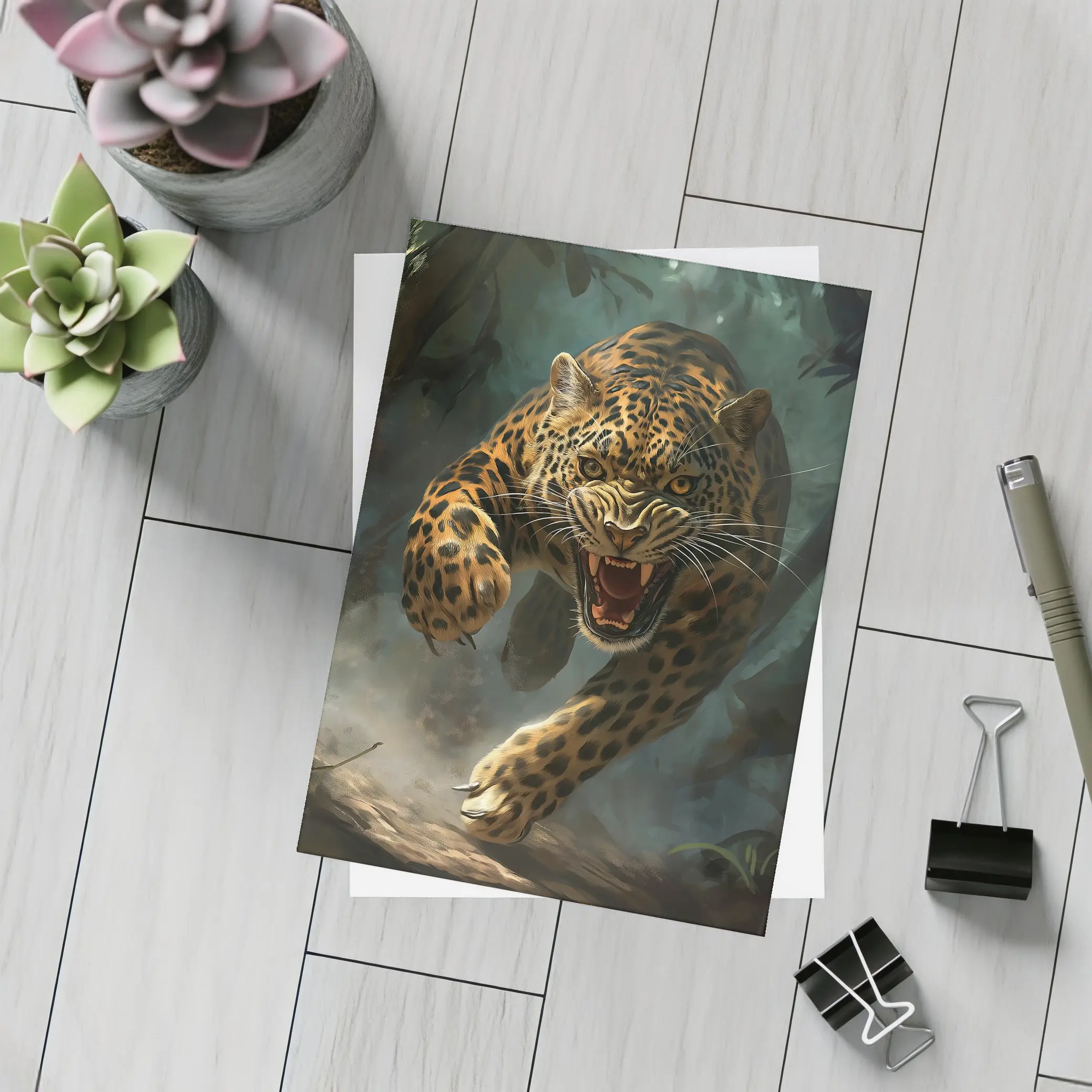Roaring Jaguar Leaping Through Dark Jungle – Postcards