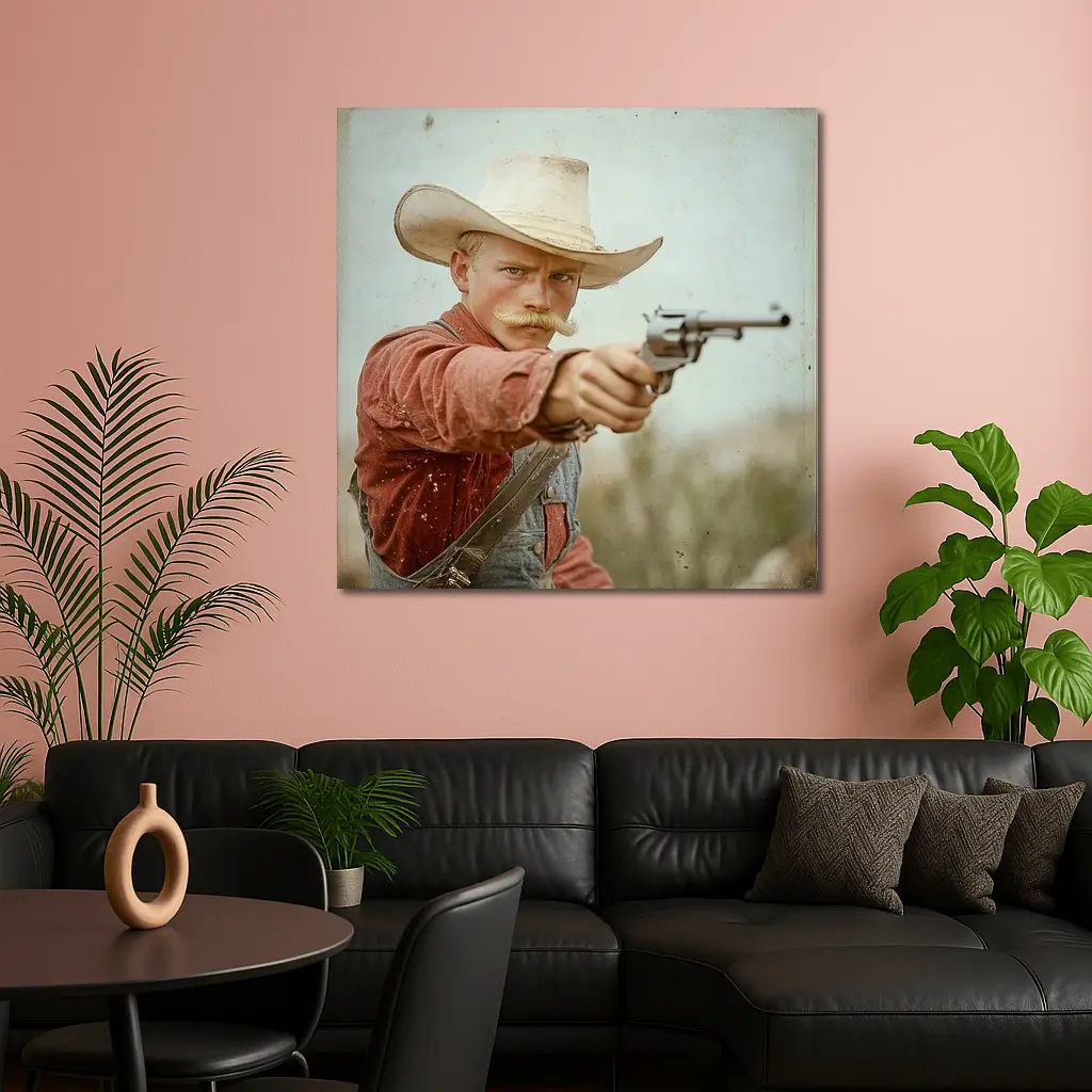 Young Cowboy Aiming Revolver Wild West – Wall Art