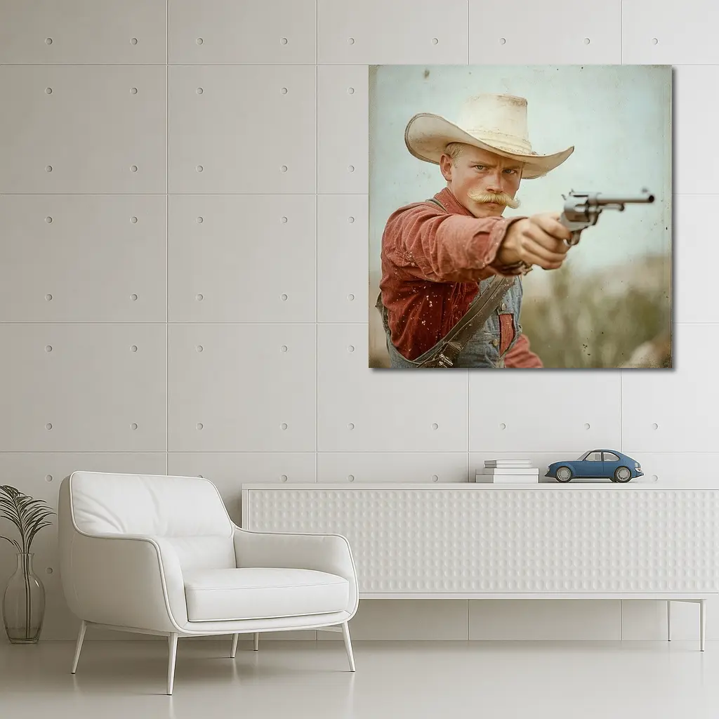 Young Cowboy Aiming Revolver Wild West – Wall Art