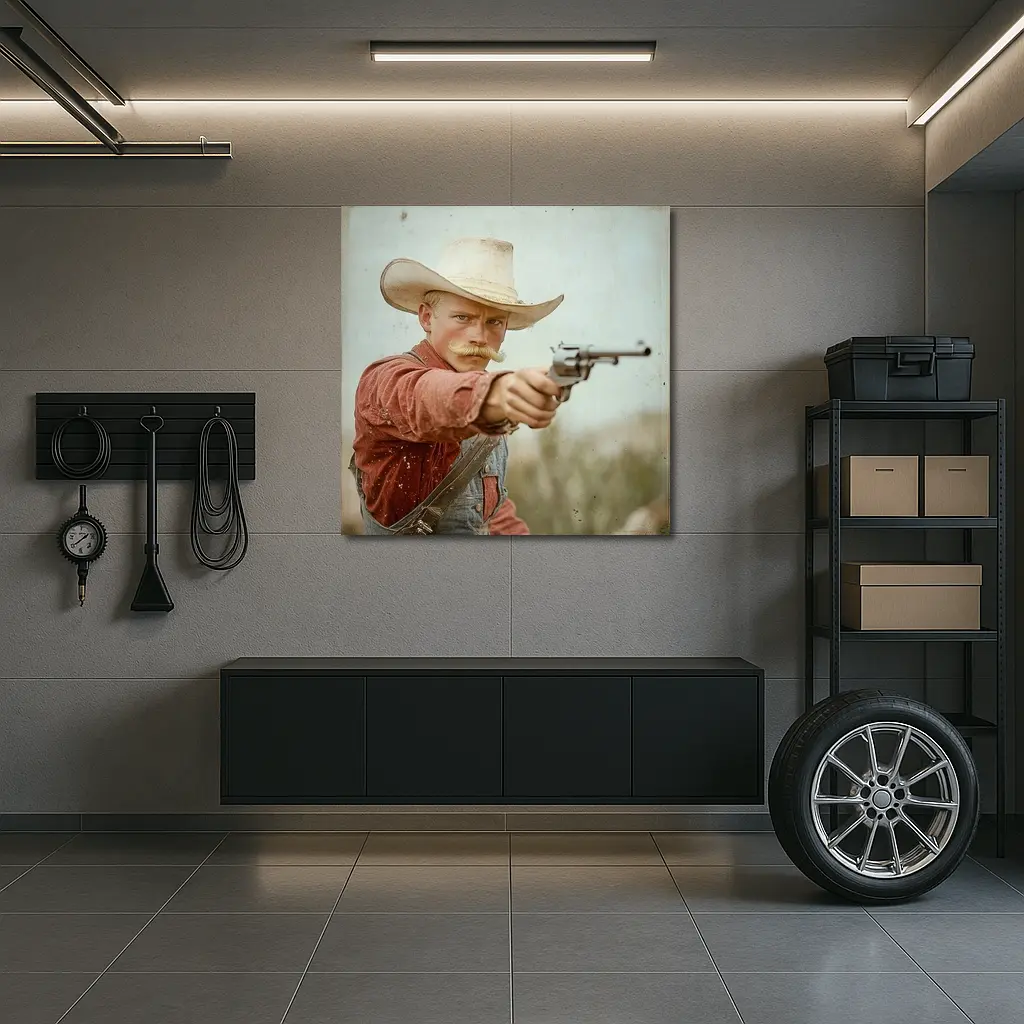 Young Cowboy Aiming Revolver Wild West – Wall Art