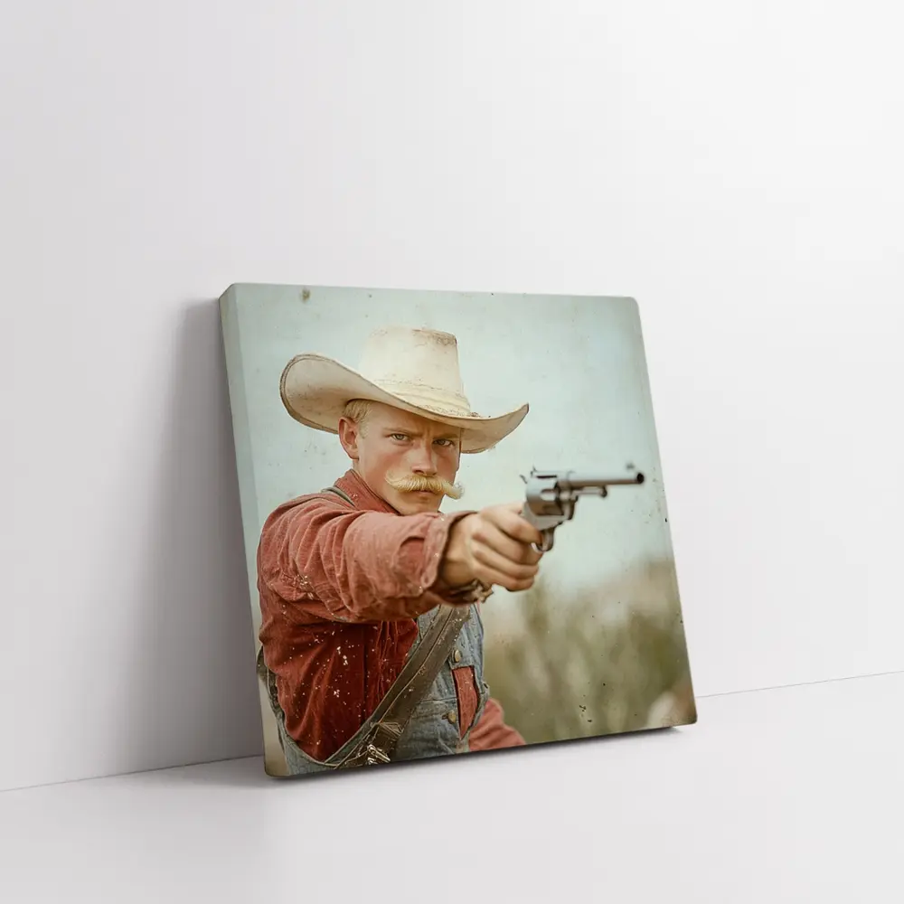 Young Cowboy Aiming Revolver Wild West – Wall Art