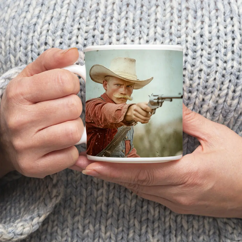 Young Cowboy Aiming Revolver Wild West – Mugs