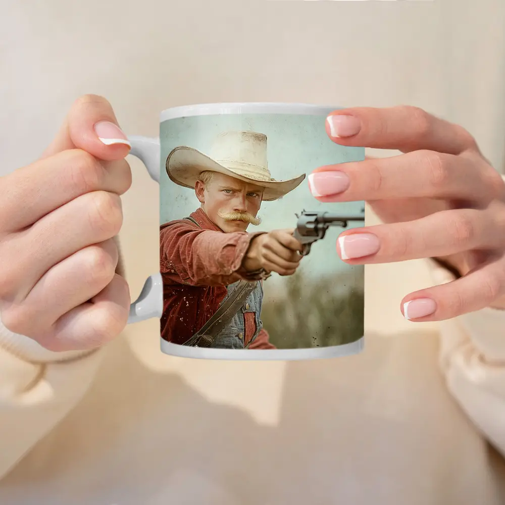 Young Cowboy Aiming Revolver Wild West – Mugs