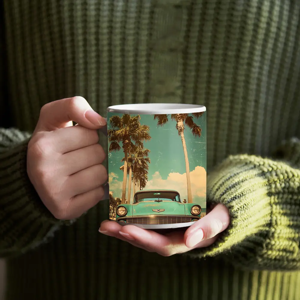 Chevrolet Bel Air Retro Palm Tree Beach – Mugs