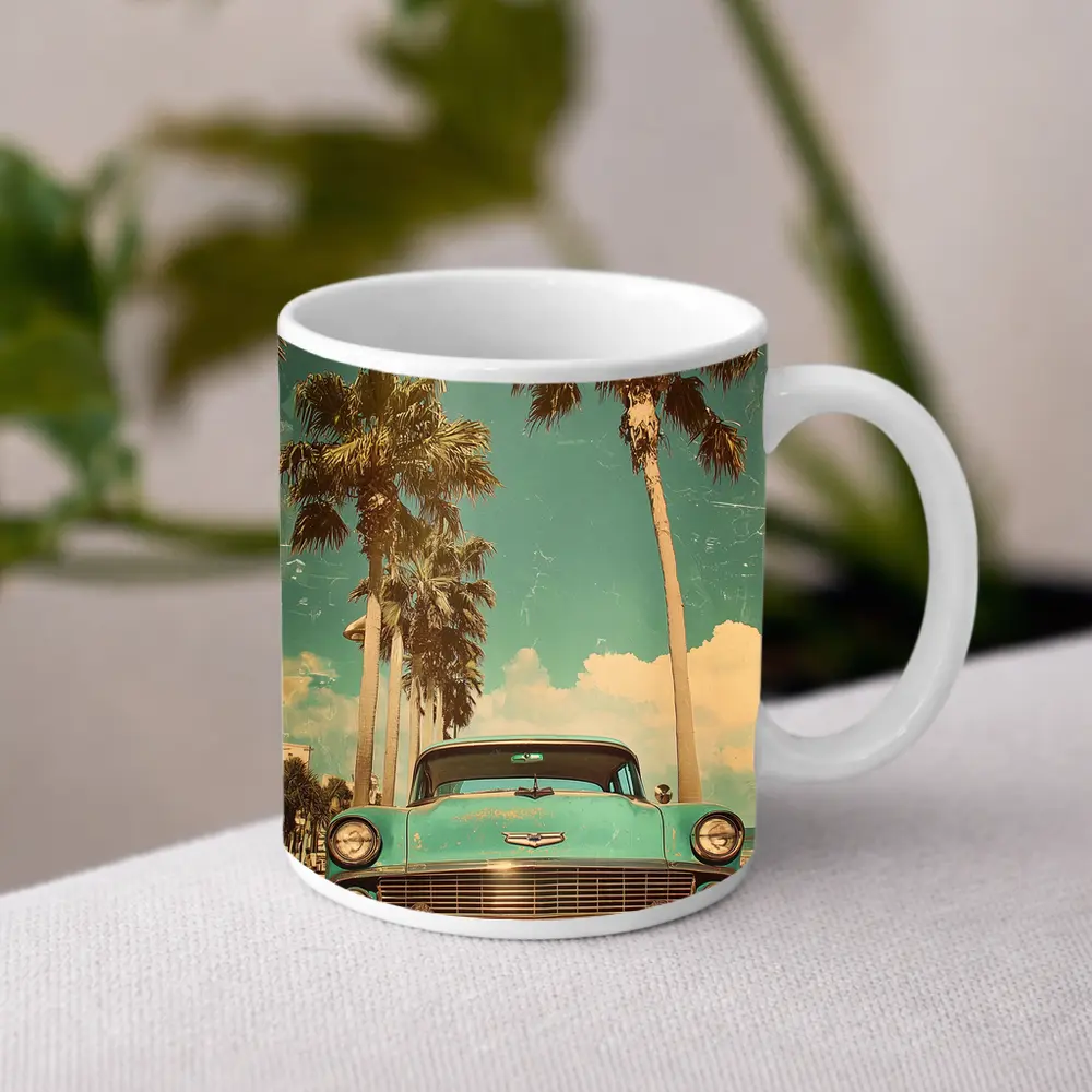 Chevrolet Bel Air Retro Palm Tree Beach – Mugs