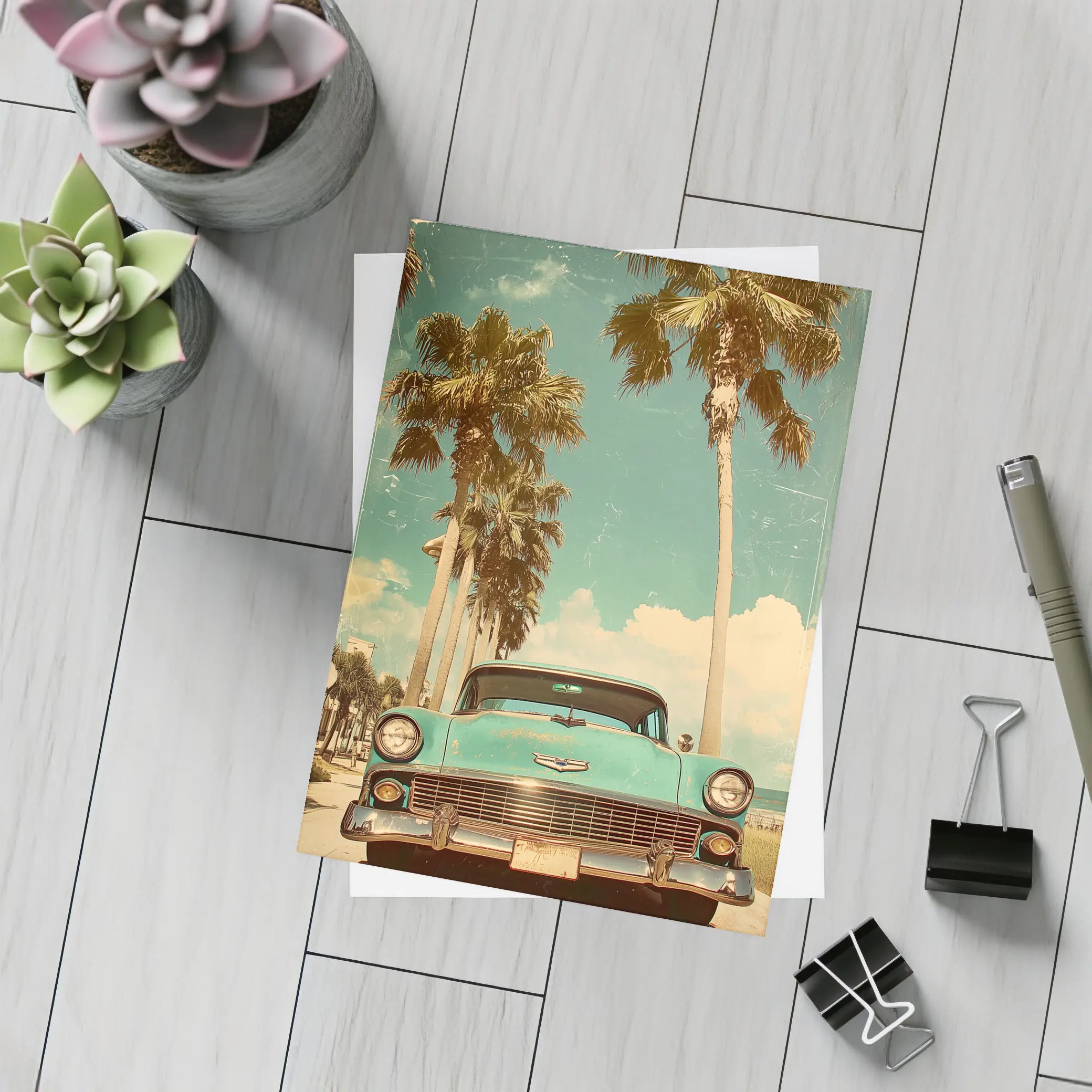 Chevrolet Bel Air Retro Palm Tree Beach – Postcards