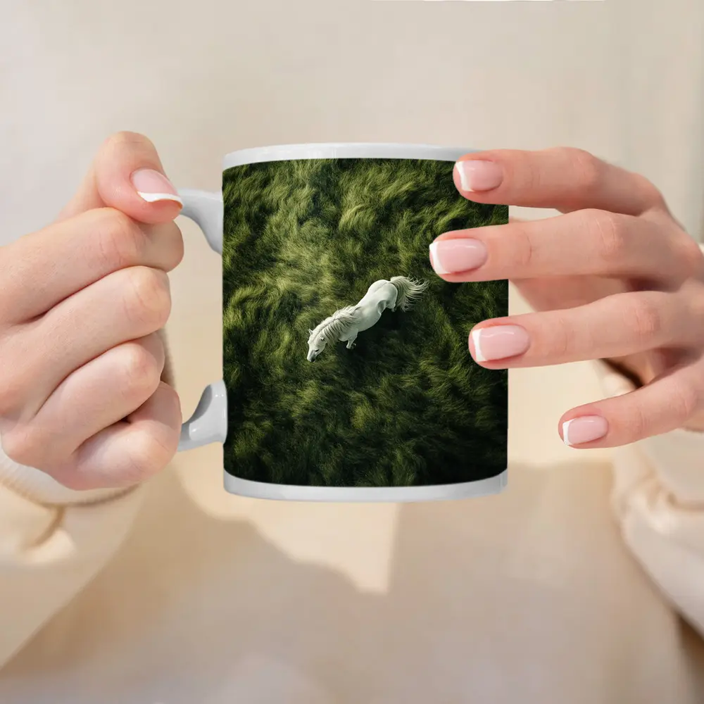White Horse Running Over Green Grass – Mugs