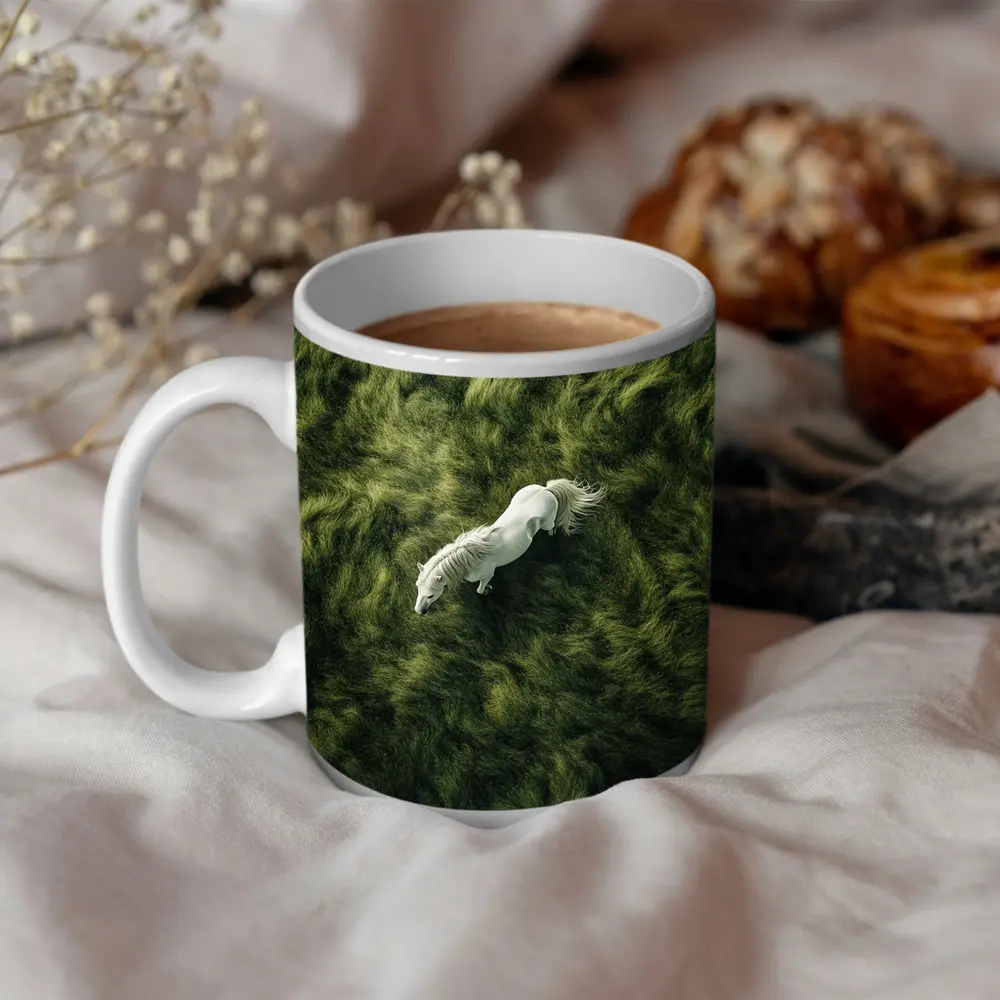 White Horse Running Over Green Grass – Mugs