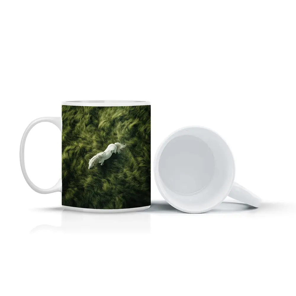 White Horse Running Over Green Grass – Mugs