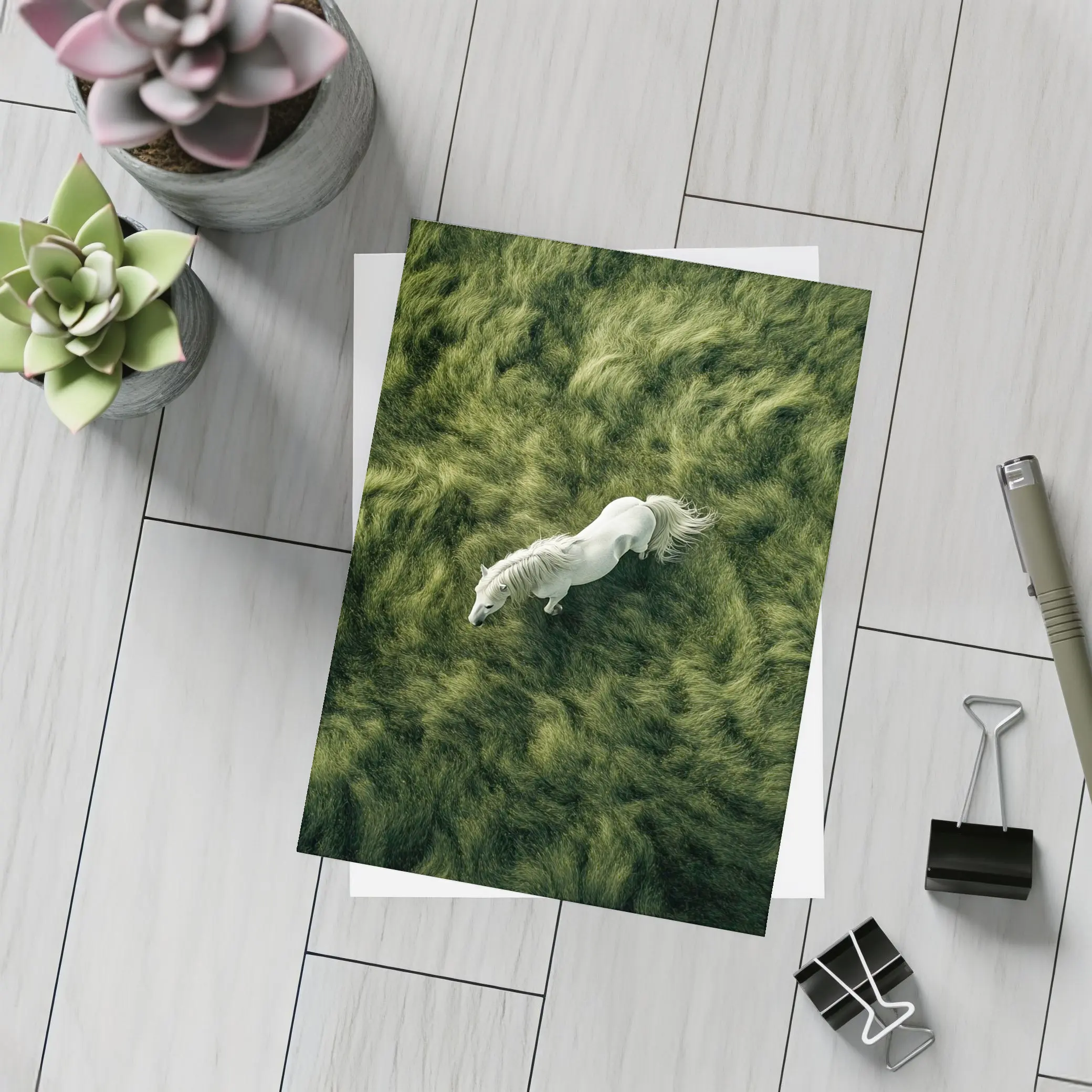 White Horse Running Over Green Grass – Postcards