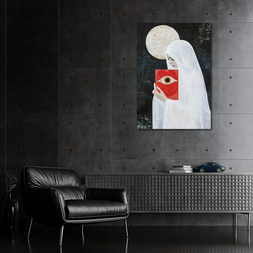 Veiled Woman Red Eye Book Dark Background – Wall Art
