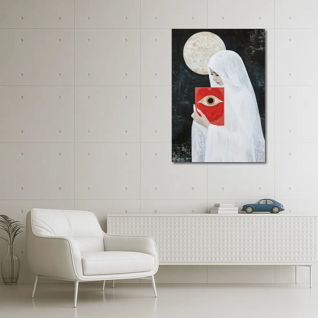 Veiled Woman Red Eye Book Dark Background – Wall Art