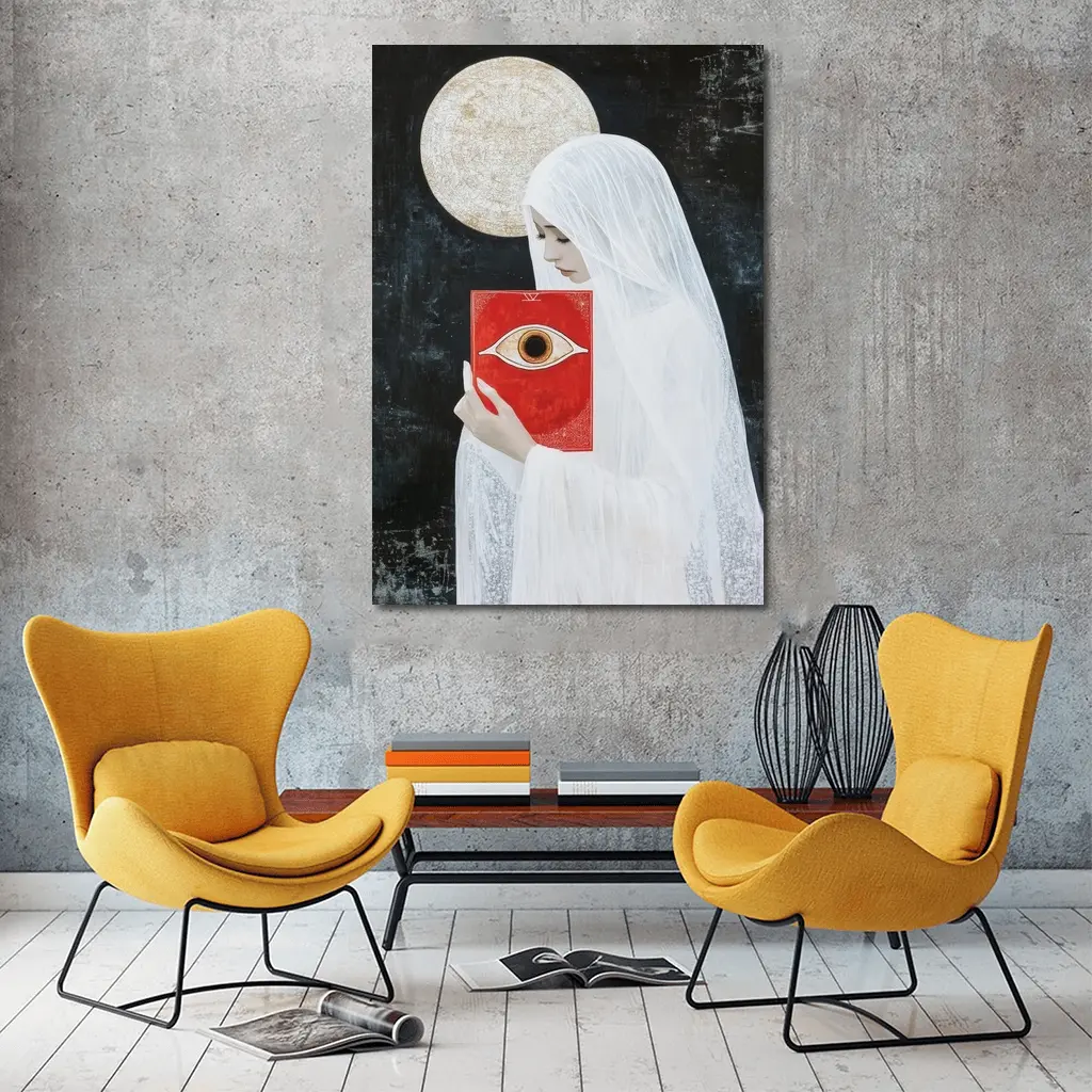 Veiled Woman Red Eye Book Dark Background – Wall Art