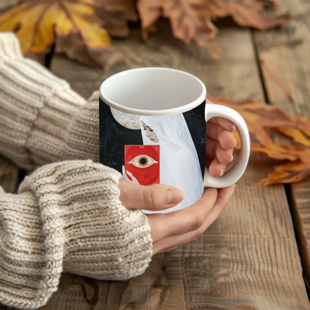 Veiled Woman Red Eye Book Dark Background – Mugs