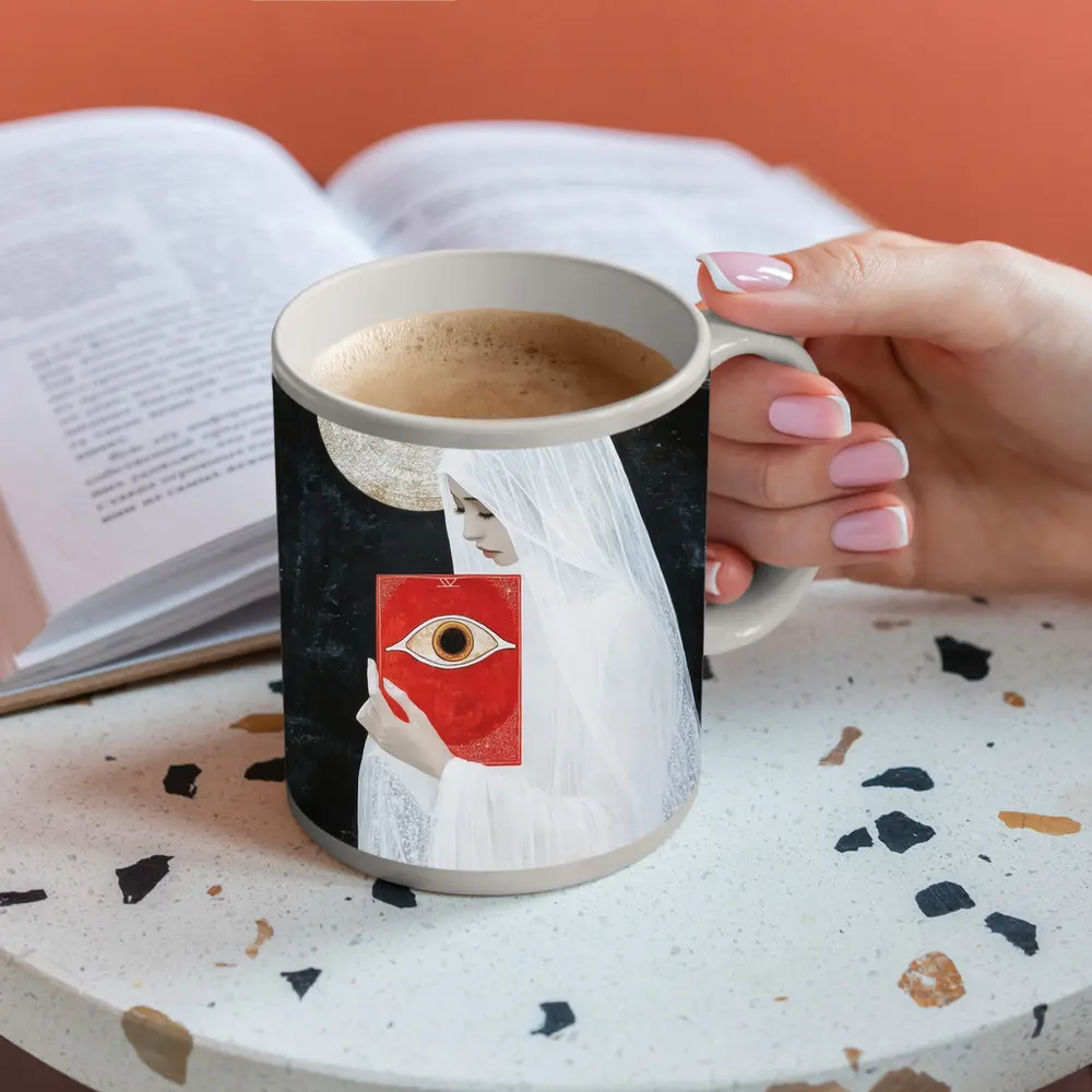 Veiled Woman Red Eye Book Dark Background – Mugs