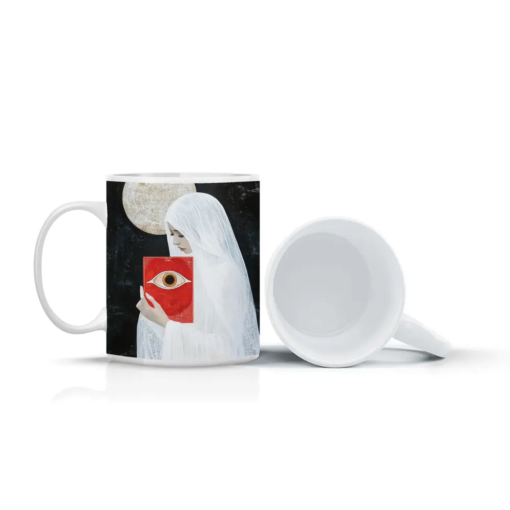Veiled Woman Red Eye Book Dark Background – Mugs