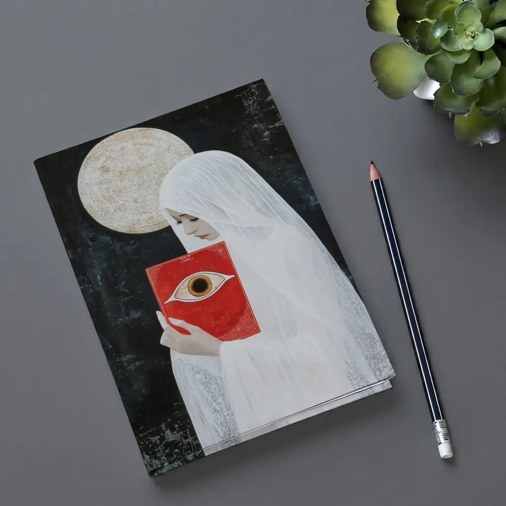Veiled Woman Red Eye Book Dark Background – Notebooks