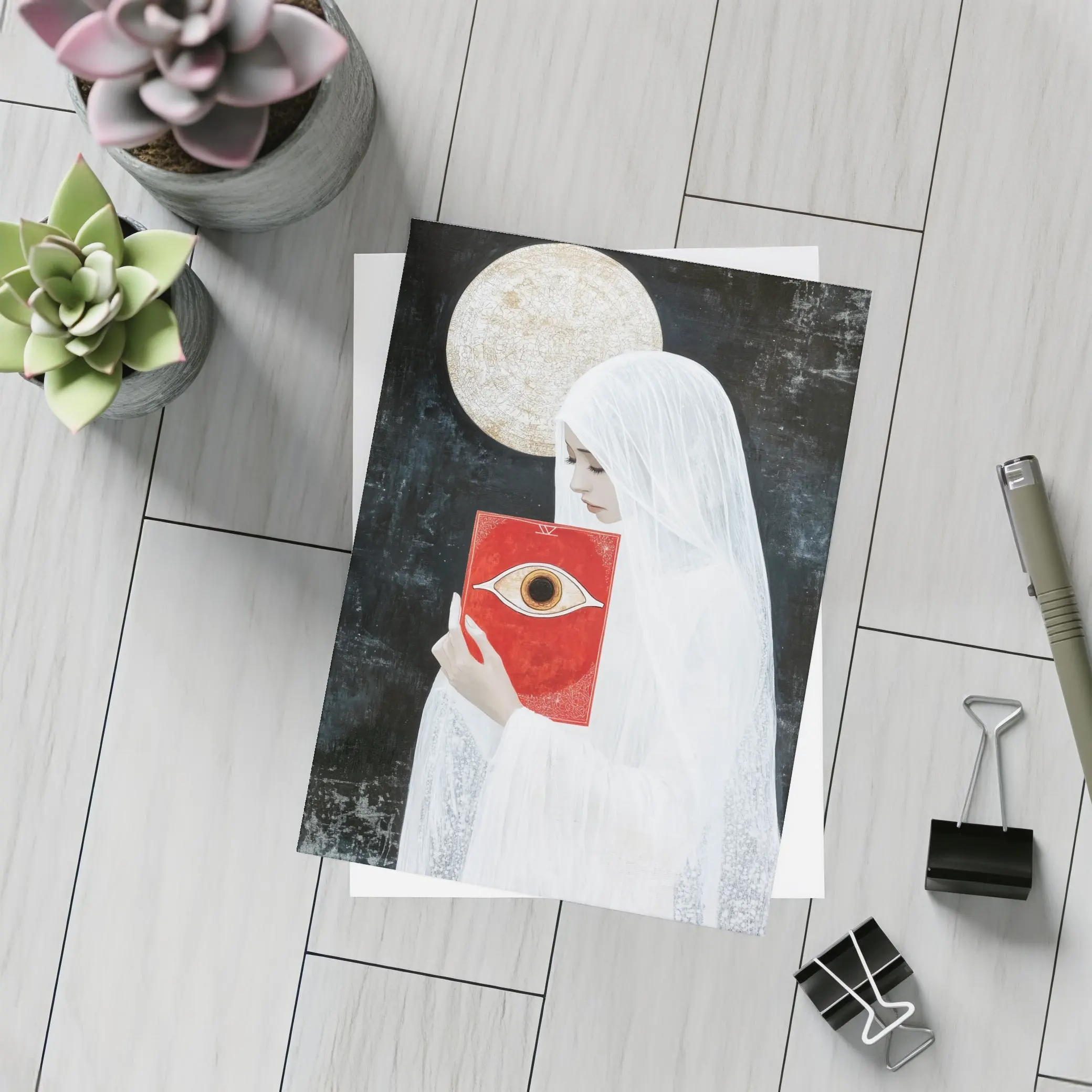 Veiled Woman Red Eye Book Dark Background – Postcards