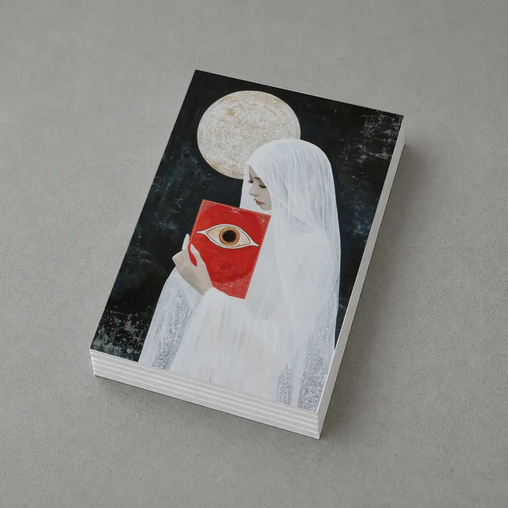 Veiled Woman Red Eye Book Dark Background – Postcards