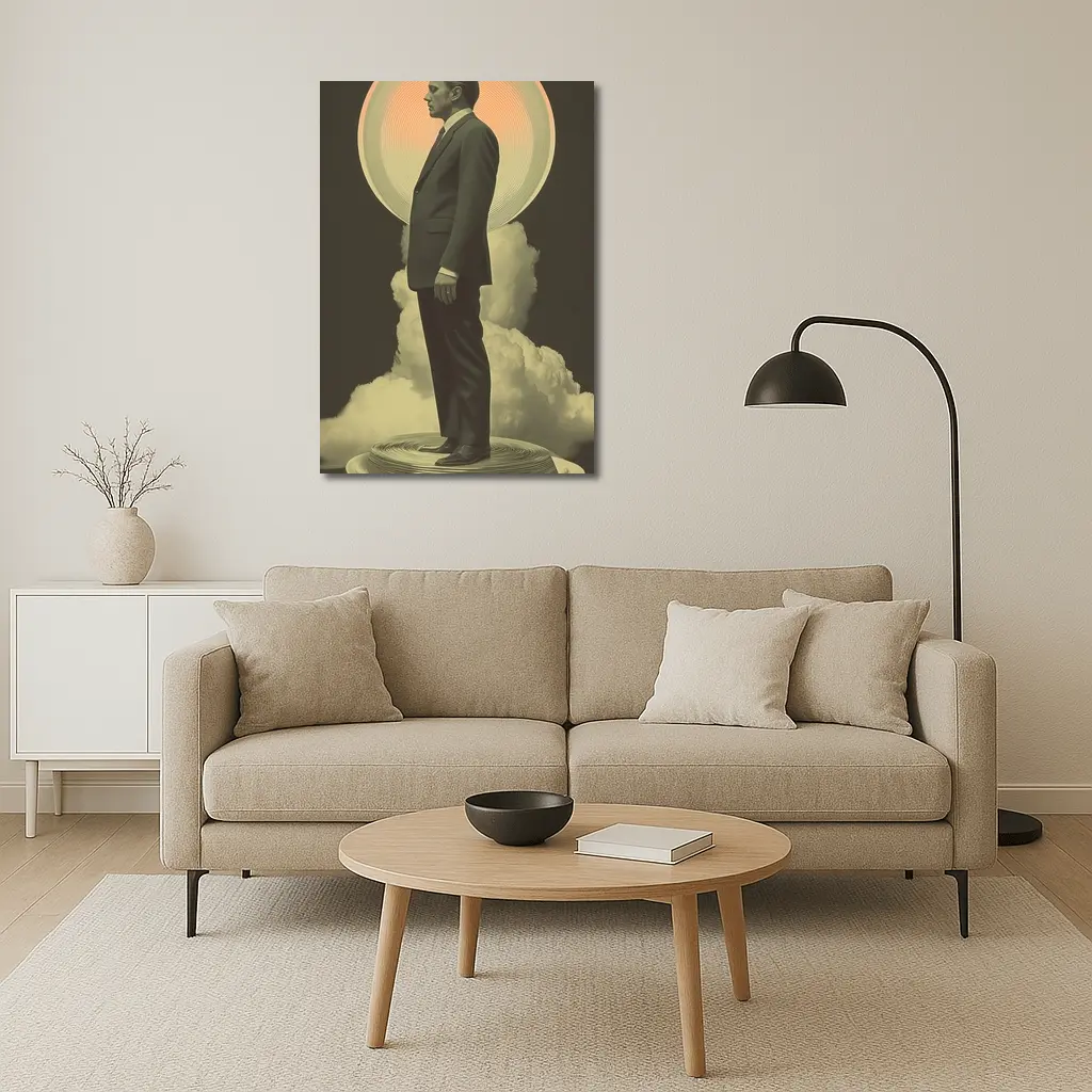 Retro Man Standing Clouds Glowing Circle – Wall Art