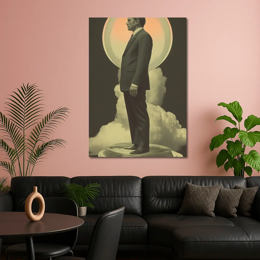 Retro Man Standing Clouds Glowing Circle – Wall Art