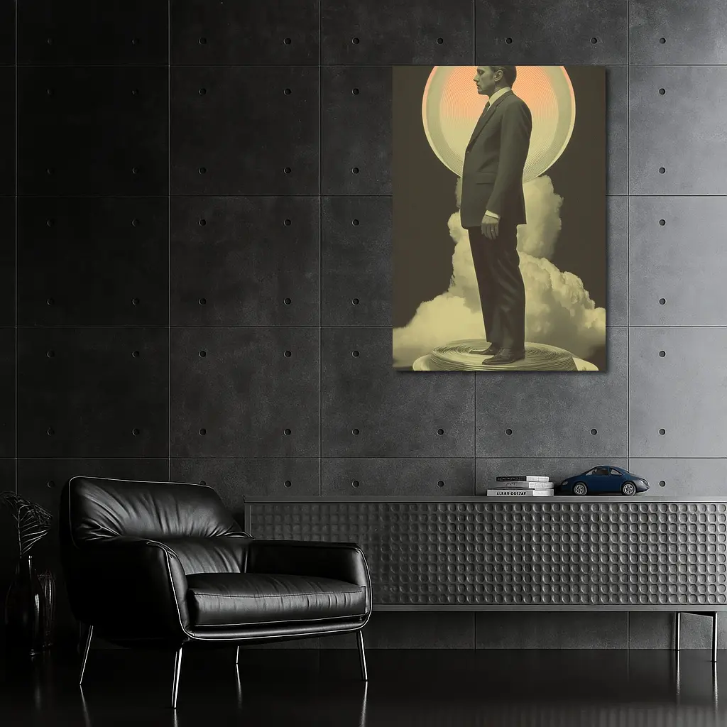 Retro Man Standing Clouds Glowing Circle – Wall Art