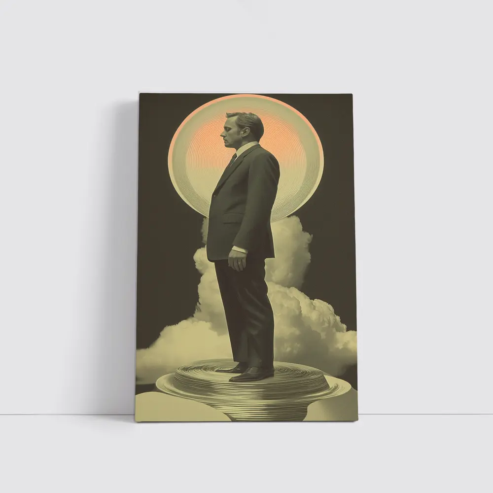 Retro Man Standing Clouds Glowing Circle – Wall Art