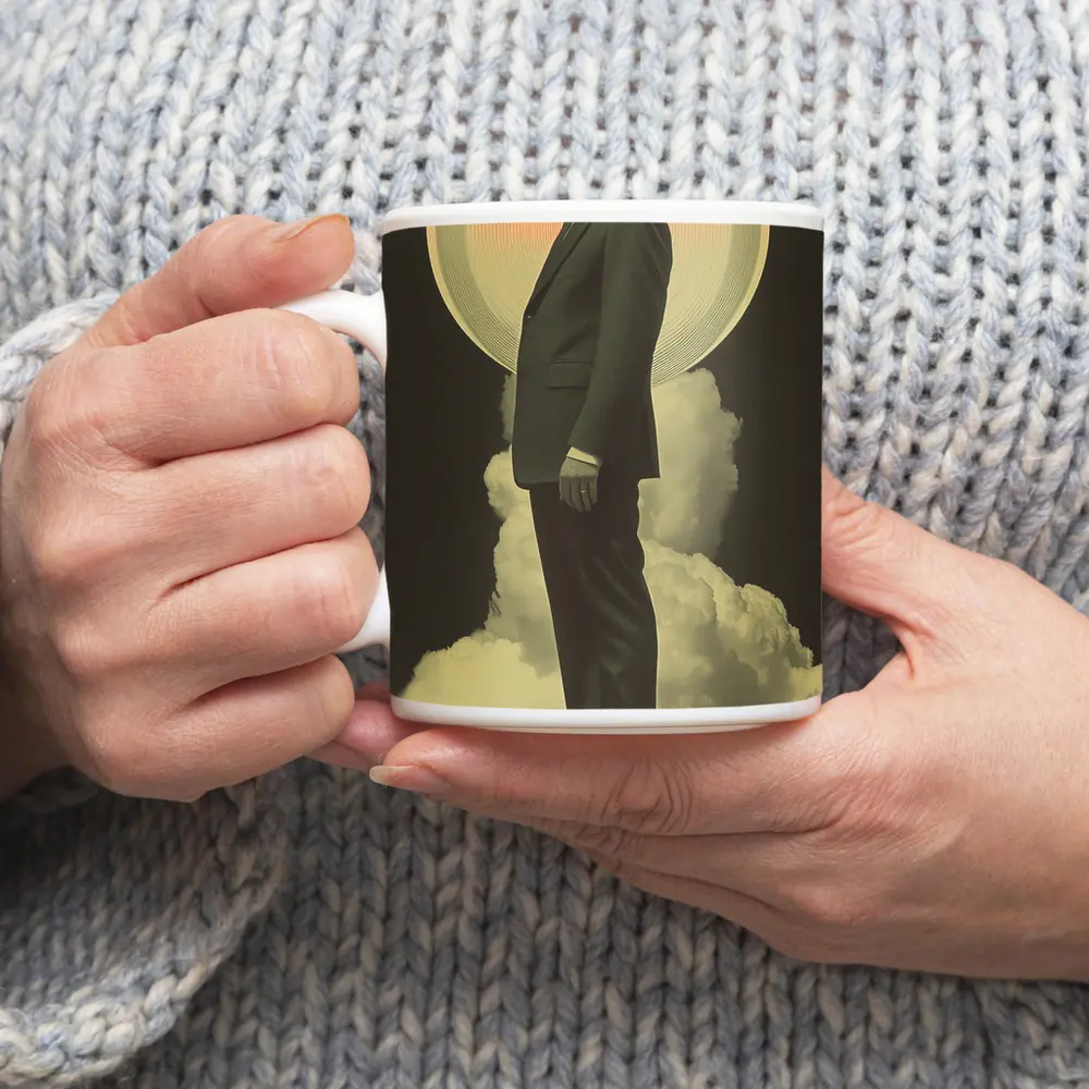 Retro Man Standing Clouds Glowing Circle – Mugs
