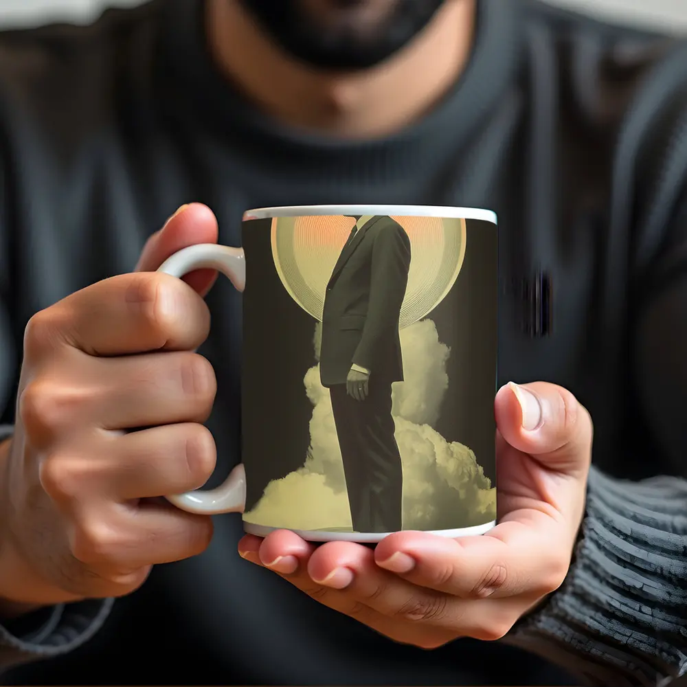 Retro Man Standing Clouds Glowing Circle – Mugs