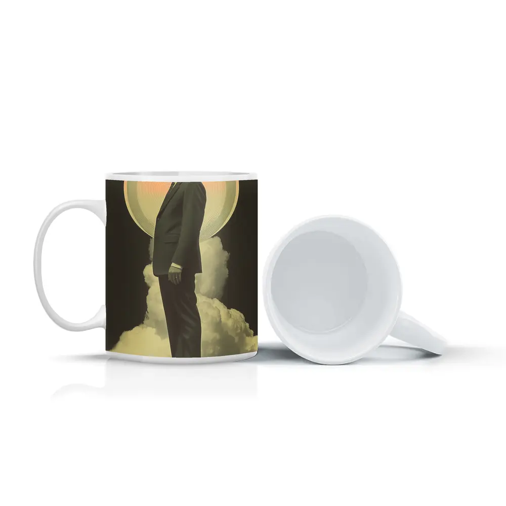 Retro Man Standing Clouds Glowing Circle – Mugs