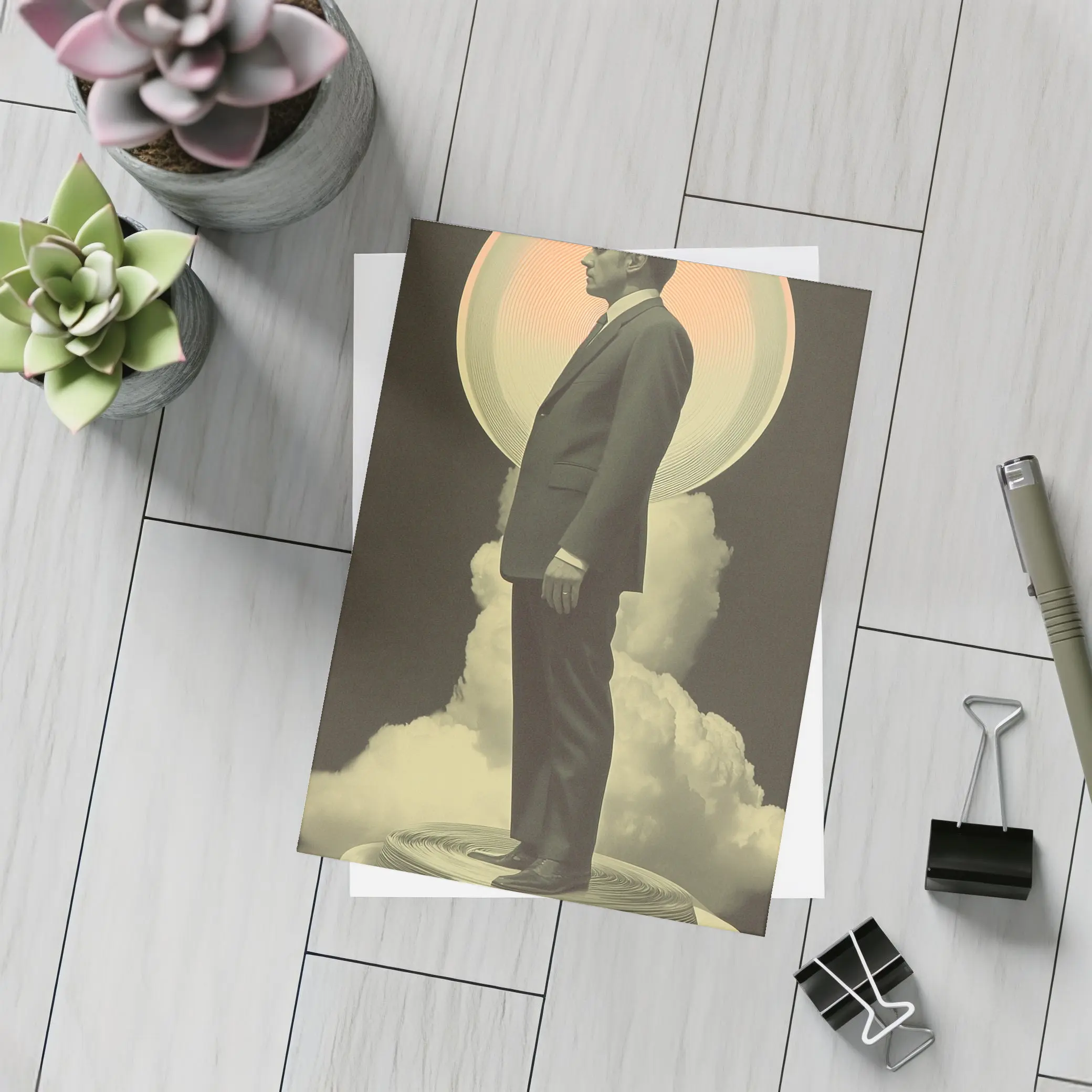 Retro Man Standing Clouds Glowing Circle – Postcards