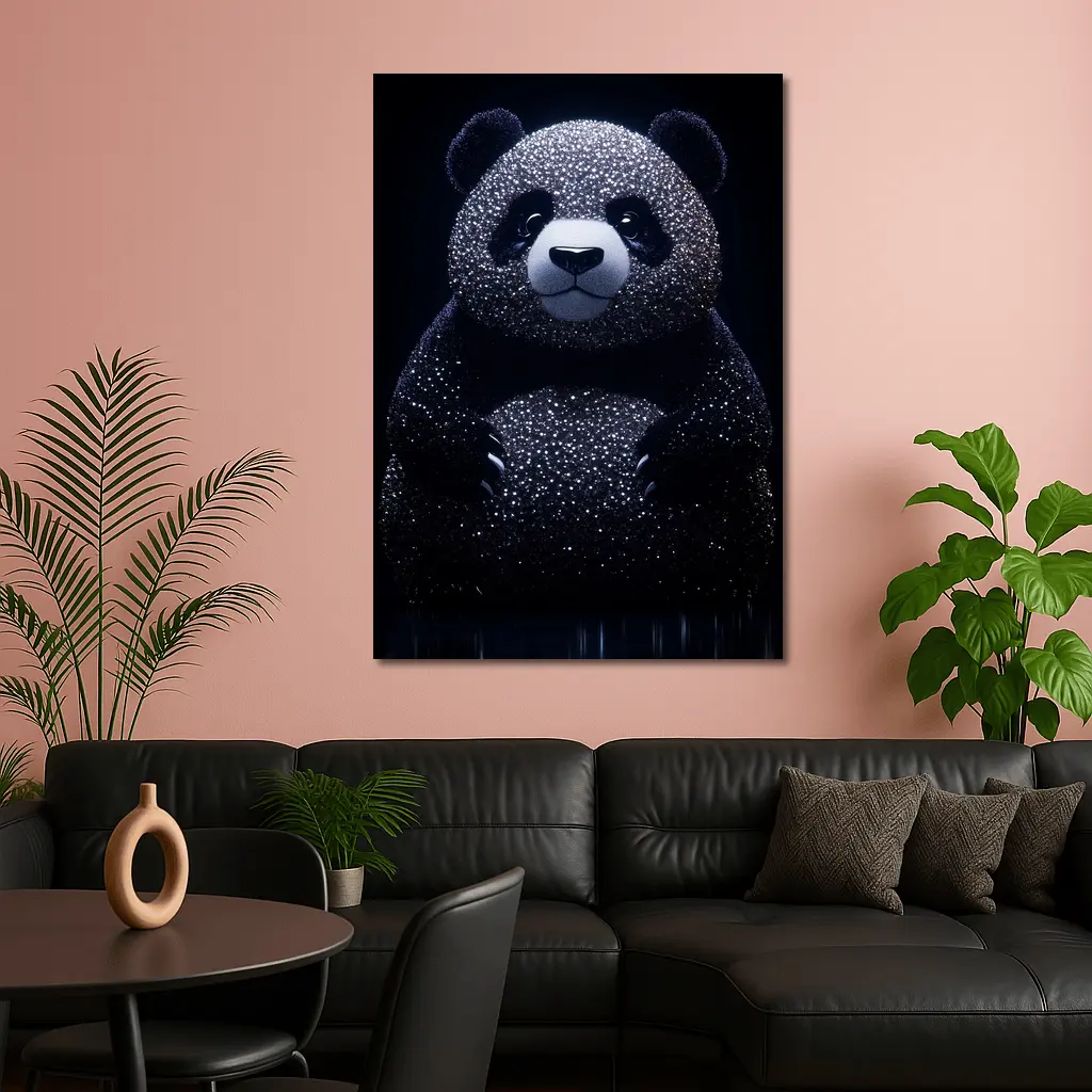 Glittering Panda Bear Dark Black Background – Wall Art