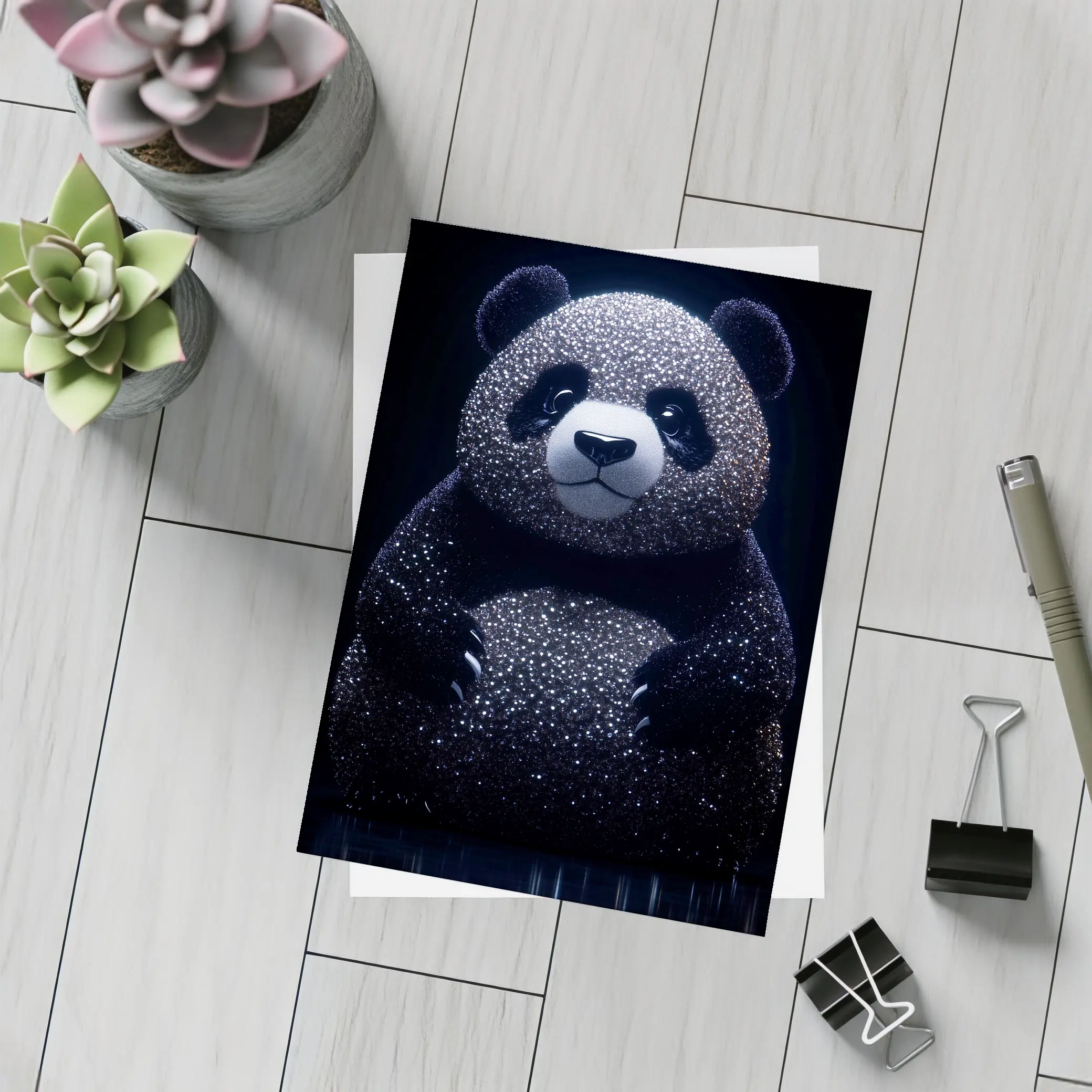 Glittering Panda Bear Dark Black Background – Postcards