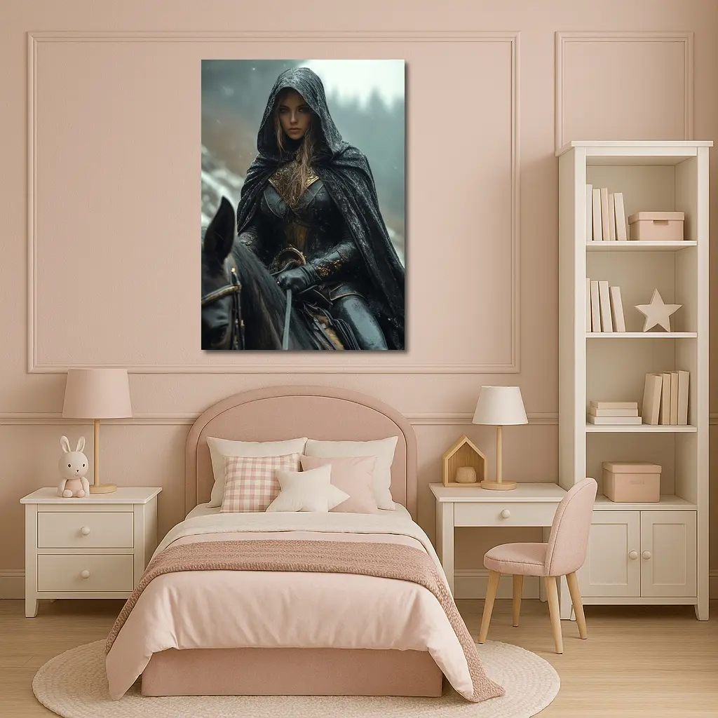 Dark Female Warrior Riding Horse Snowy Forest – Wall Art