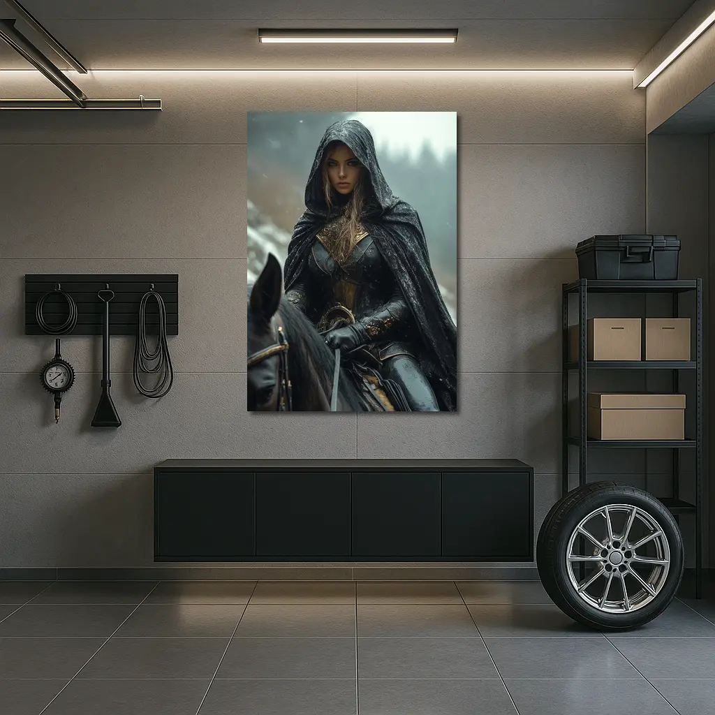 Dark Female Warrior Riding Horse Snowy Forest – Wall Art