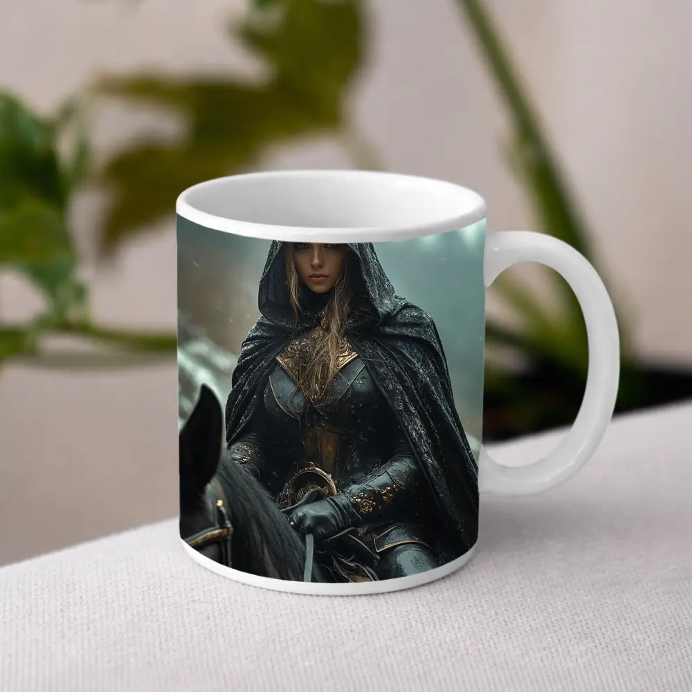 Dark Female Warrior Riding Horse Snowy Forest – Mugs