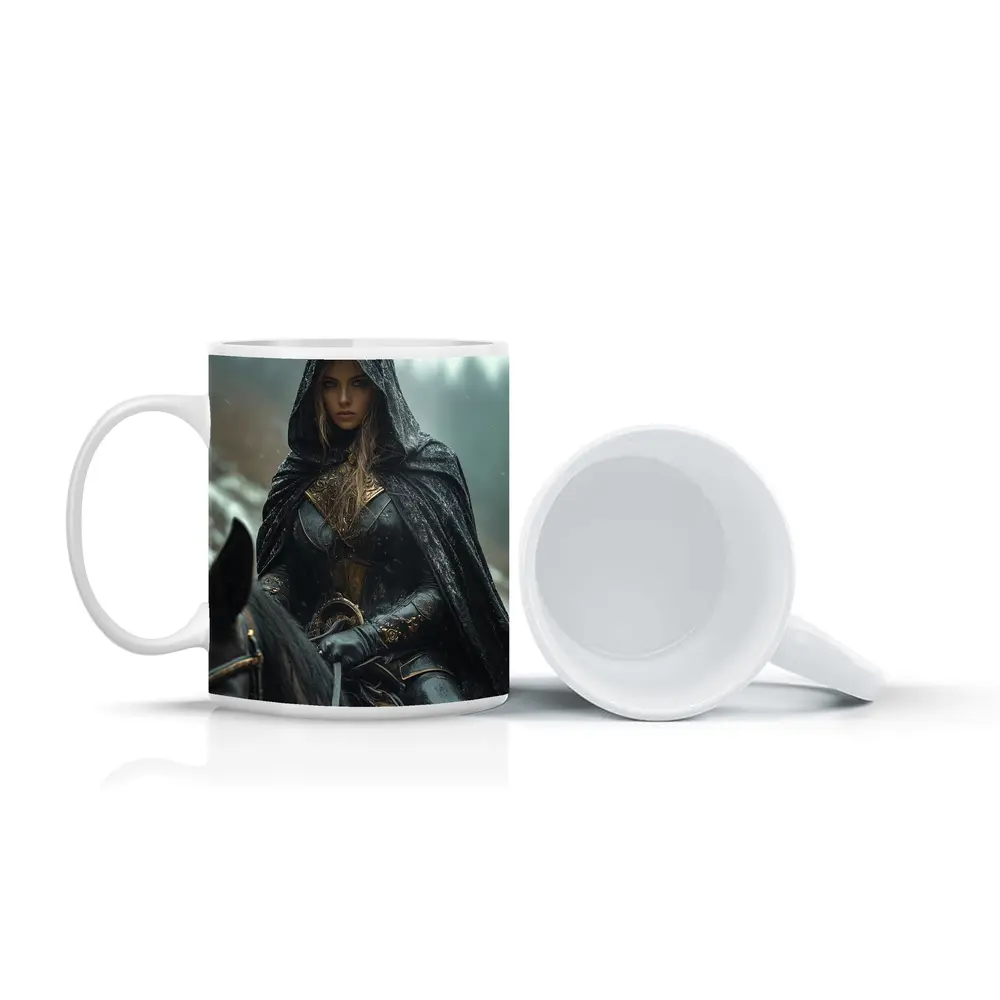 Dark Female Warrior Riding Horse Snowy Forest – Mugs