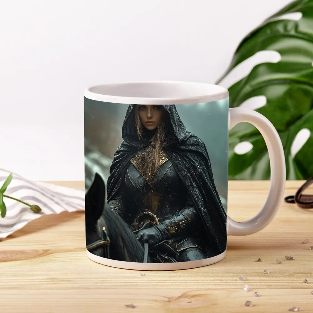 Dark Female Warrior Riding Horse Snowy Forest – Mugs