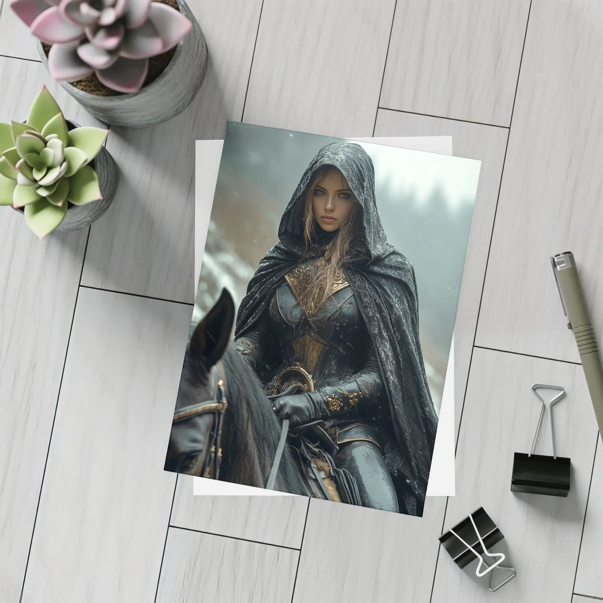 Dark Female Warrior Riding Horse Snowy Forest – Postcards