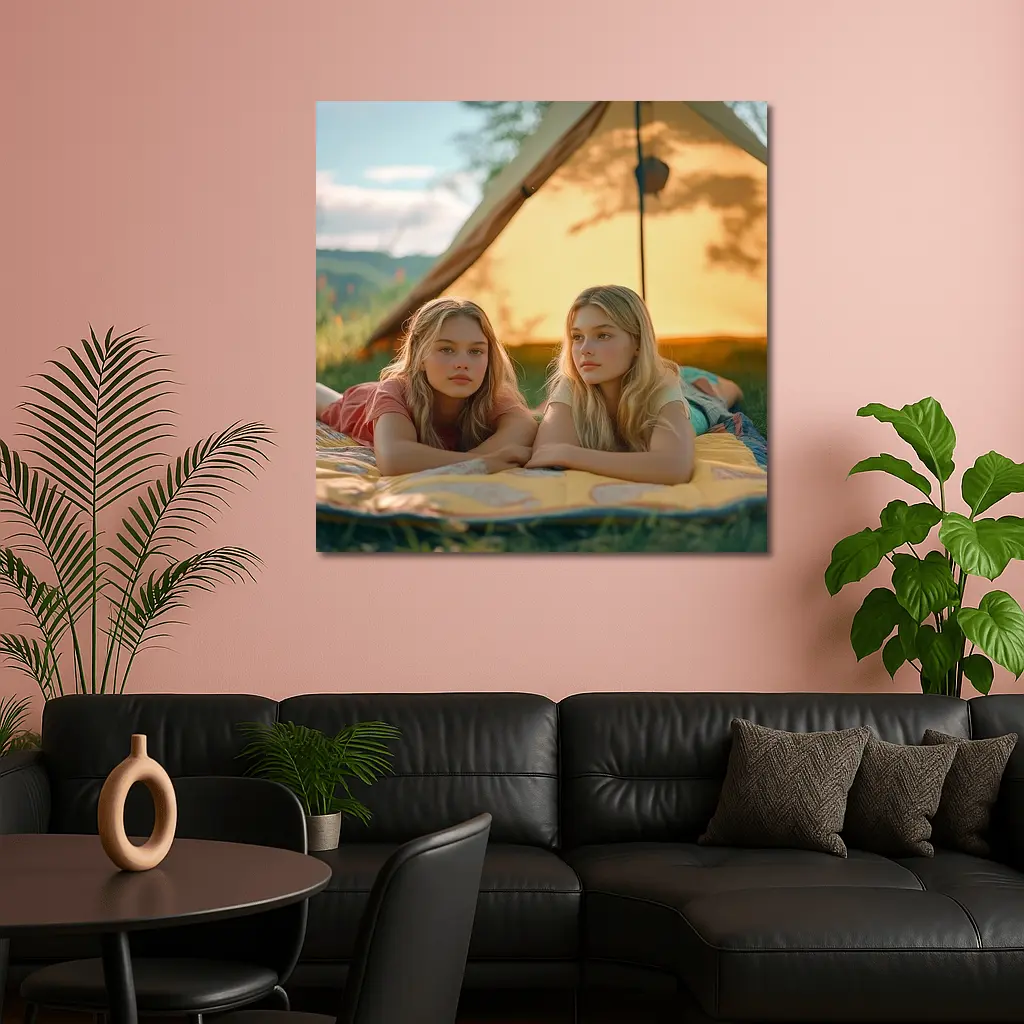 Two Girls Relaxing by Camping Tent – Wall Art